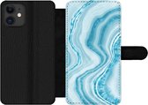 Bookcase Geschikt voor iPhone 11 telefoonhoesje - Marmer print - Blauw - Lijn - Met vakjes - Wallet case met magneetsluiting
