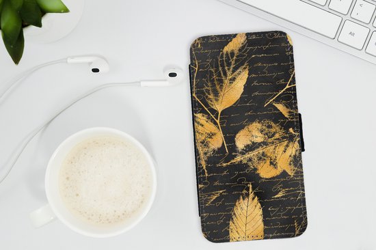 Bookcase pour iPhone 13 Mini Bookcase - Goud - Feuilles - Zwart - Avec compartiments - Étui portefeuille avec fermeture magnétique
