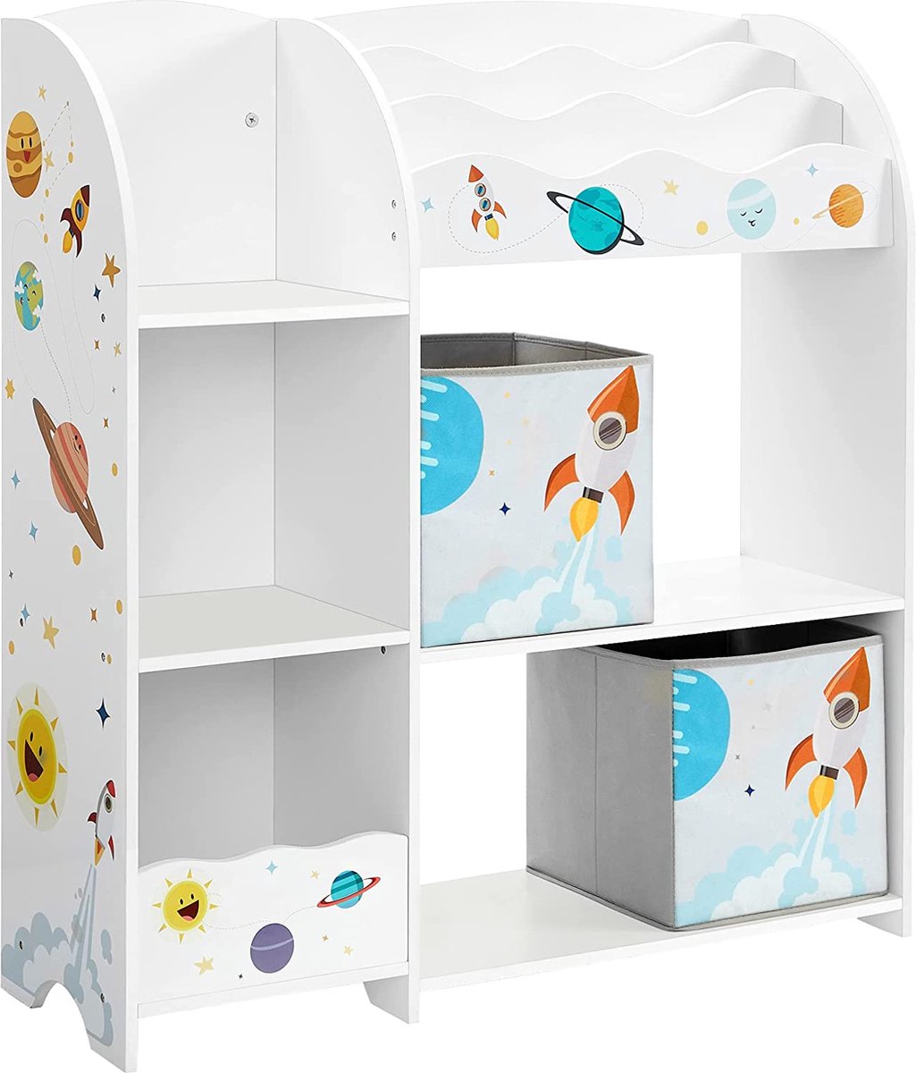 The Mash - kinderkamerplank, speelgoed organizer, boekenkast voor kinderen, multifunctionele plank met 2 opbergboxen, stickers met ruimtemotieven, kinderkamer, slaapkamer, witte