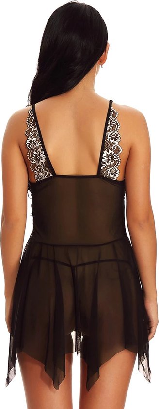 Robe de nuit super sexy + string - robe babydoll - chemise de nuit babydoll en dentelle ornée de motifs de fleurs - chemise de nuit babydoll - lingerie babydoll