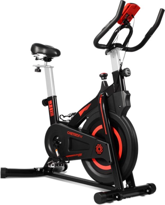 OneTwoFit Hometrainer fiets - Spinningfiets - LCD scherm - Zwart/Rood |  bol.com