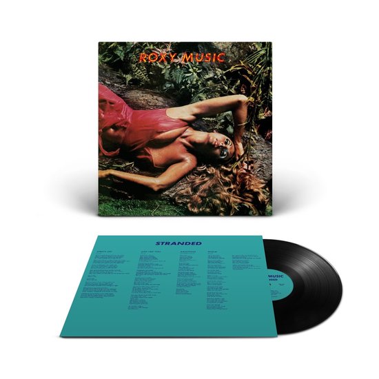 LP hoes van Roxy Music - Stranded met een vrouw in rode jurk liggend op een steen, met de hoes en een zwarte vinylplaat.