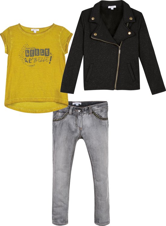 3pommes - kledingset - Meisjes - 3delig - Rock Rebelle - Jack zwart glitter - Jeans grijs - Shirt oker - Maat 116