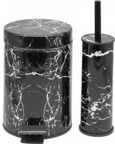 Badkamer/Toilet set - Pedaalemmer 5 liter en toiletborstel RVS - Zwart met marmer design