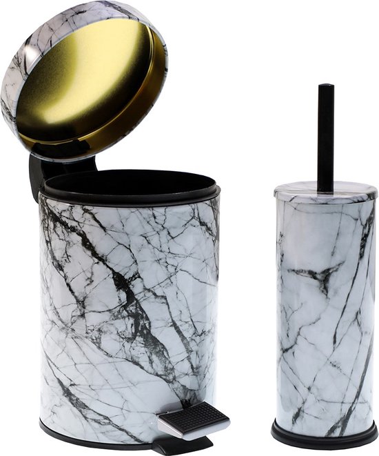 WENKO Poubelle Salle De Bain à Pédale 3L Onyx - Acier Inox Effet Marbre, Design Élégant 17x25x22,5 Cm