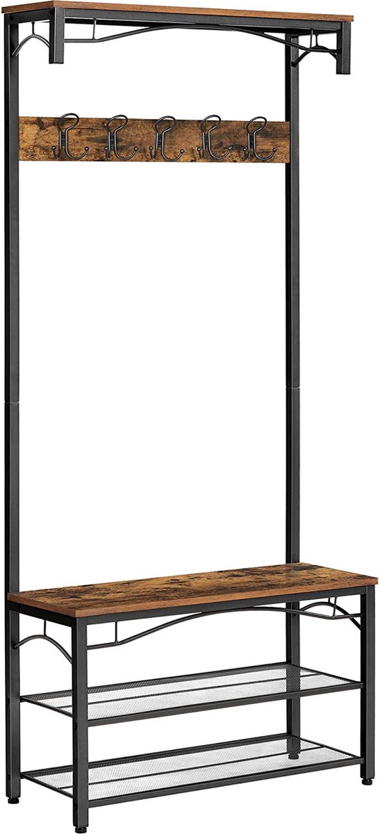 Garderobe Kapstok - Staande Kapstok met schoenenrek - Schoenen - Hout en Metaal - Industrieel - Vintage - Kledingrek - Schoenenrek - Zitbank - Donkerbruin - HSR45BX