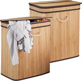 Relaxdays 2x wasmand met deksel - 2 vakken - bamboe wasbox - mand voor wasgoed - natuur