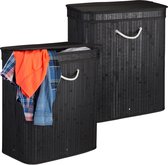 Relaxdays 2x wasmand met deksel - 2 vakken - bamboe wasbox - mand voor wasgoed - zwart