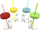 Drinkglas Met Rietje En Deksel - Pul - Mason Jar– 400 ml – 4 Stuks