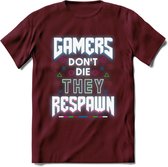 Gamers don't die T-shirt | Neon | Gaming kleding | Grappig game verjaardag cadeau shirt Heren – Dames – Unisex | - Burgundy - XL