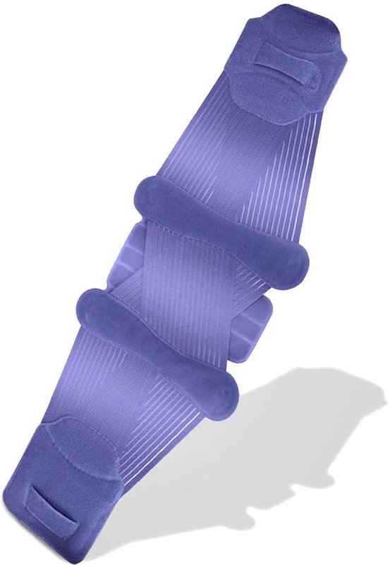 Donkerblauwe, lange rugbrace met verstelbare klittenbandsluitingen en een gestreept patroon. De brace ligt plat.