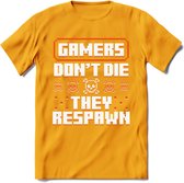 Gamers don't die pixel T-shirt | Oranje | Gaming kleding | Grappig game verjaardag cadeau shirt Heren – Dames – Unisex | - Geel - S