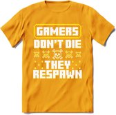 Gamers don't die pixel T-shirt | Geel | Gaming kleding | Grappig game verjaardag cadeau shirt Heren – Dames – Unisex | - Geel - S