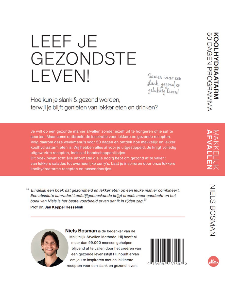 Boekomslag van 'Leef Je Gezondste Leven!'. Tekst in het Nederlands, met een afbeelding van Niels Bosman.