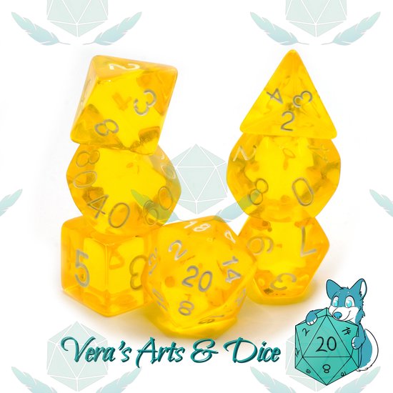 7-delig Metalen DND-dobbelstenenset – Bladontwerp – Geel/groen – Polyhedraal – Voor Dungeons & Dragons, Pathfinder En RPG's – Handgemaakt – Zinklegering
