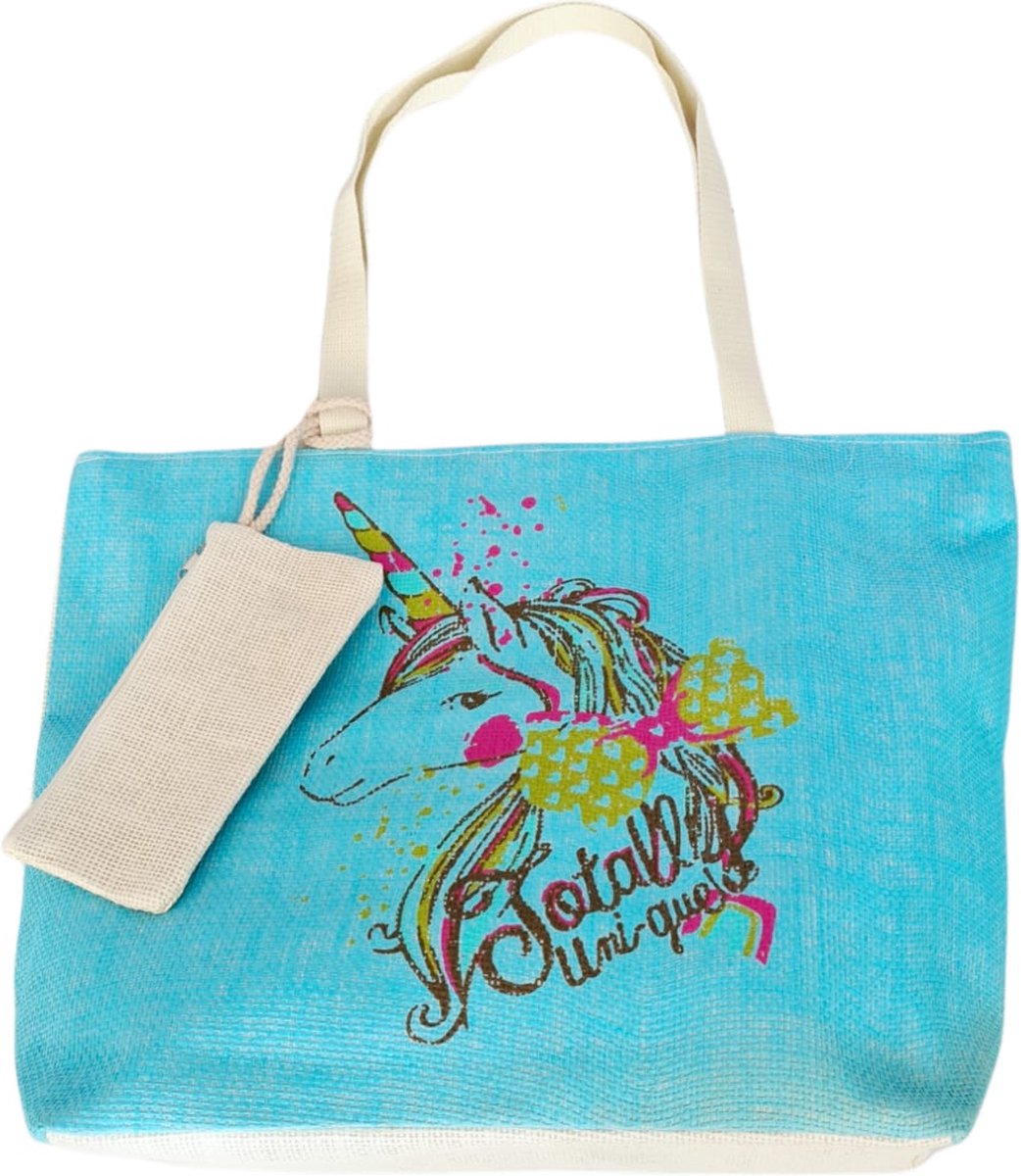 Shopper tas Blauw - Strandtas met ritssluiting- Extra Binnentasje/portefeuille- Weekendtas - Zomer| Strand| Vakantie| Winkelen