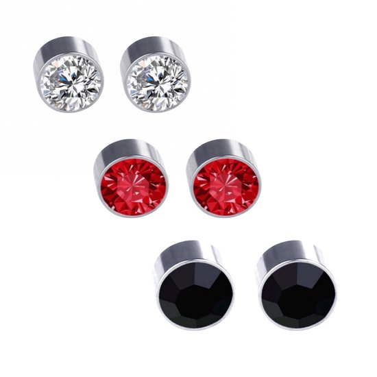 3 Paar-Magneet oorbellen-Wit-Rood-Zwart-6 mm-Geen gaatje-Charme Bijoux