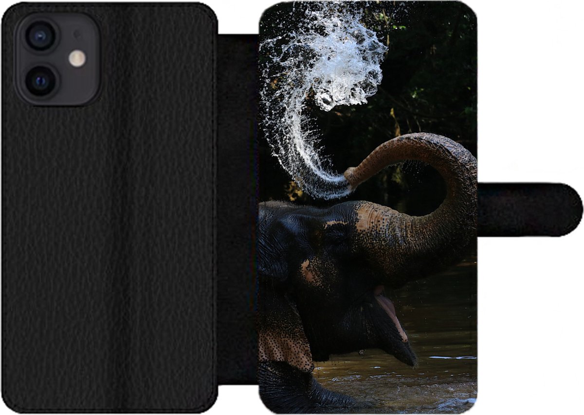 Telefoonhoesje Geschikt voor iPhone 12 telefoonhoesje - Olifant - Water - Slurf - Dieren - Natuur - Met vakjes - Wallet case met magneetsluiting