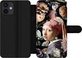 Bookcase Geschikt voor iPhone 12 telefoonhoesje - Meisje met de parel - Bloemen - Vermeer - Pastel - Kunstwerk - Schilderij - Oude meesters - Met vakjes - Wallet case met magneetsluiting