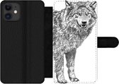 Bookcase Geschikt voor iPhone 12 Pro telefoonhoesje - Wolf - Wit - Schets - Met vakjes - Wallet case met magneetsluiting