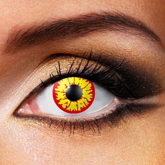 Gedetailleerd oog met een rode en gele Partylens kleurlens met gebarsten patroon.