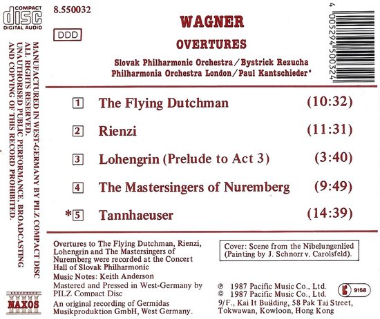 Wagner Overtures tracklist: The Flying Dutchman, Rienzi, Lohengrin, The Mastersingers of Nuremberg, Tannhäuser.