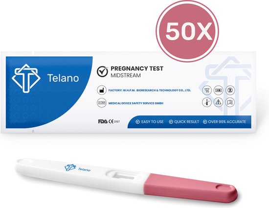 Wit met roze Telano zwangerschapstest midstream, met "50X" op de verpakking.