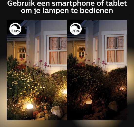 Twee foto's van een huis met tuinverlichting. Links 100% helderheid, rechts 20%. Bedien lampen met smartphone/tablet.