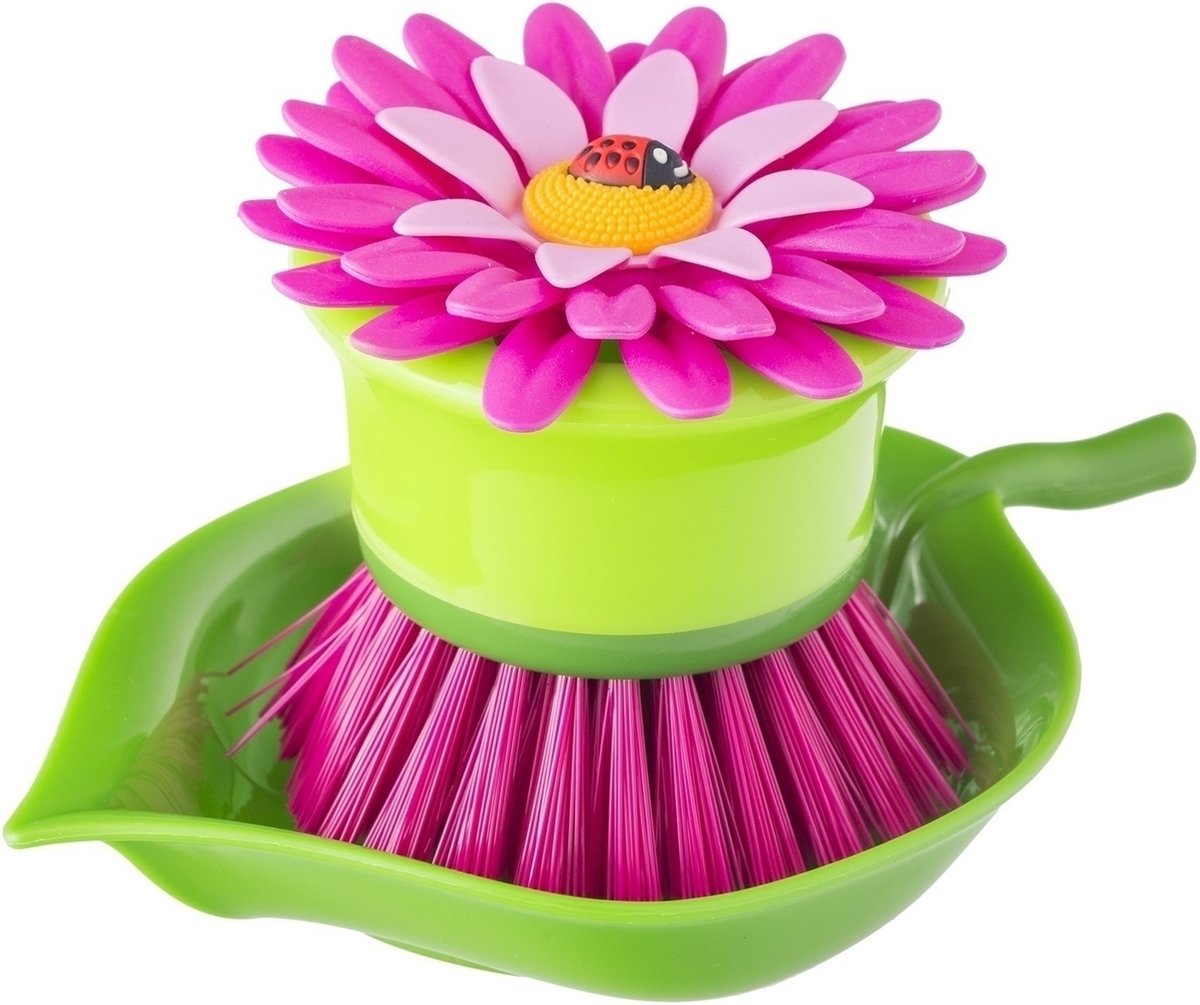 ROZE FLOWER POWER AFWASBORSTEL MET HOUDER VIGAR 6482