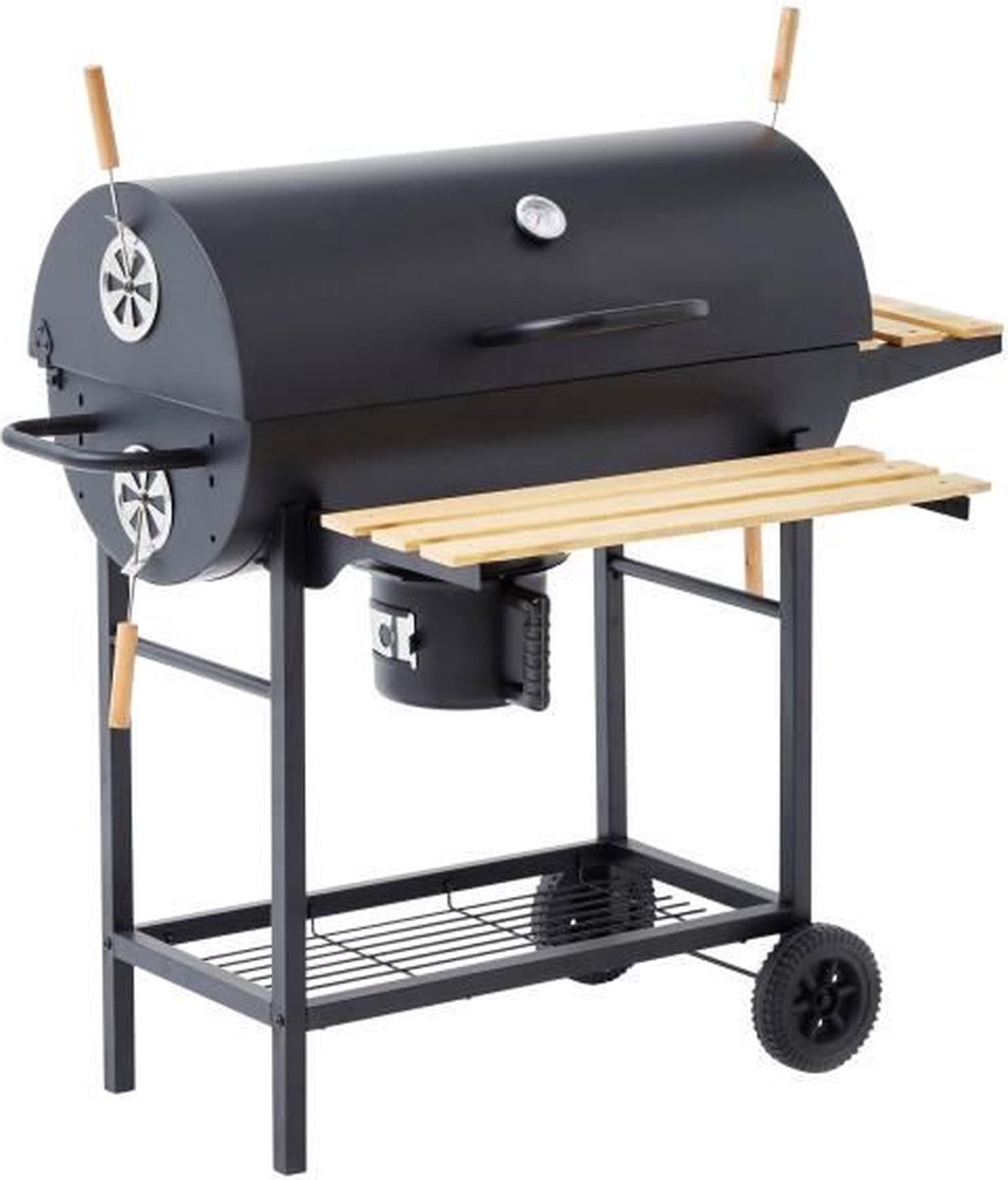 sweeek - Barbecue charbon de bois Serge noir, fumoir, Smoker américain,  récupérateur de cendre, tablettes, roulettes