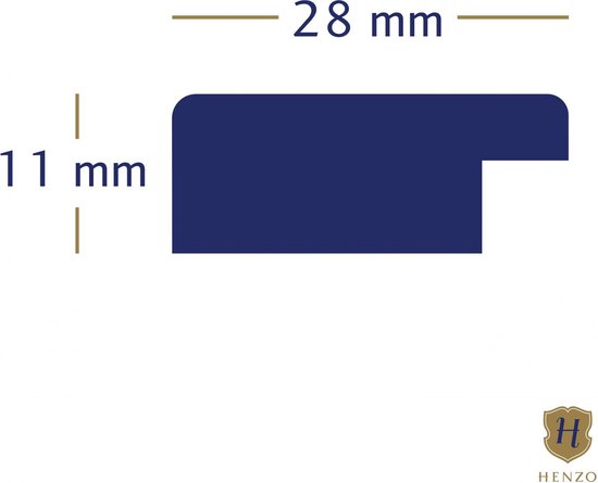 Schema met afmetingen van een fotolijstprofiel: 28 mm breed en 11 mm hoog. Logo van Henzo.