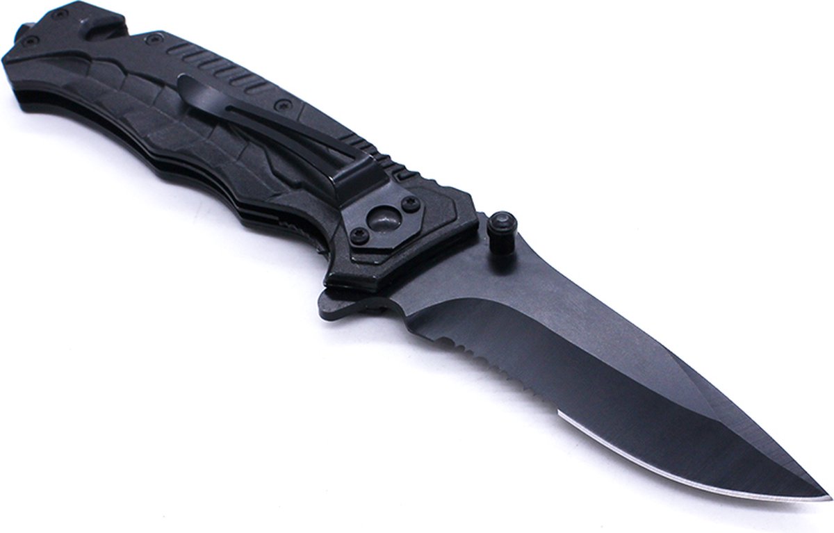 Cover van Zakmes - Survival - Zwart - Outdoor Mes - Pocket Knife - Multitool - Vlijmscherp - Stoer - Hunting Knife - Glasbreker - Kamperen - 21 cm - Cadeau Tip