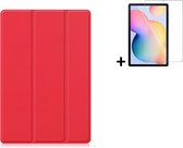 Geschikt voor Samsung Galaxy Tab S6 Lite Hoesje - 10.4 inch - Tab S6 Lite Screenprotector - Samsung Tab S6 Lite Tri fold book case hoes Rood + Tempered Glass