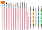 Royala 20 delige nail art set - 5 dotting tools en 15 nailart penselen  - Roze