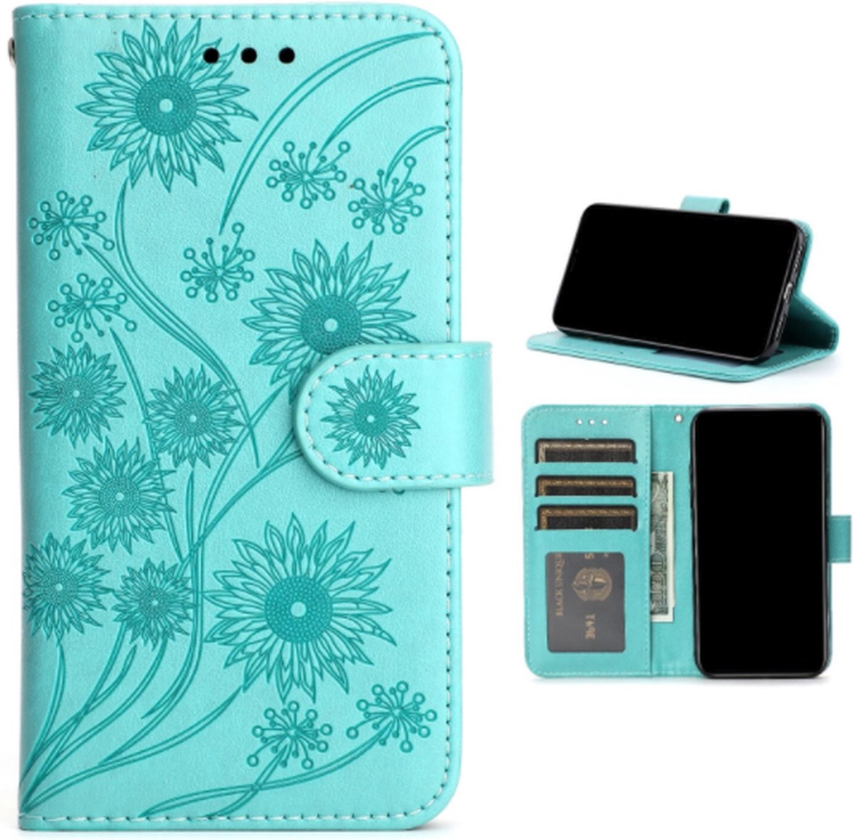 Samsung Galaxy S21 Mintgroen bookcase hoesje Bloemen *LET OP JUISTE MODEL*