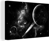 Canvas Schilderij Planeten en sterren in de ruimte - zwart wit - 120x80 cm - Wanddecoratie