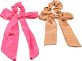 Per 2 stuks Scrunchies voor dames en meisjes haar|Roze - bruin |  Elegante Scrunchie met lintjes - elastische haarband - Satijn Fluweel scrunchie