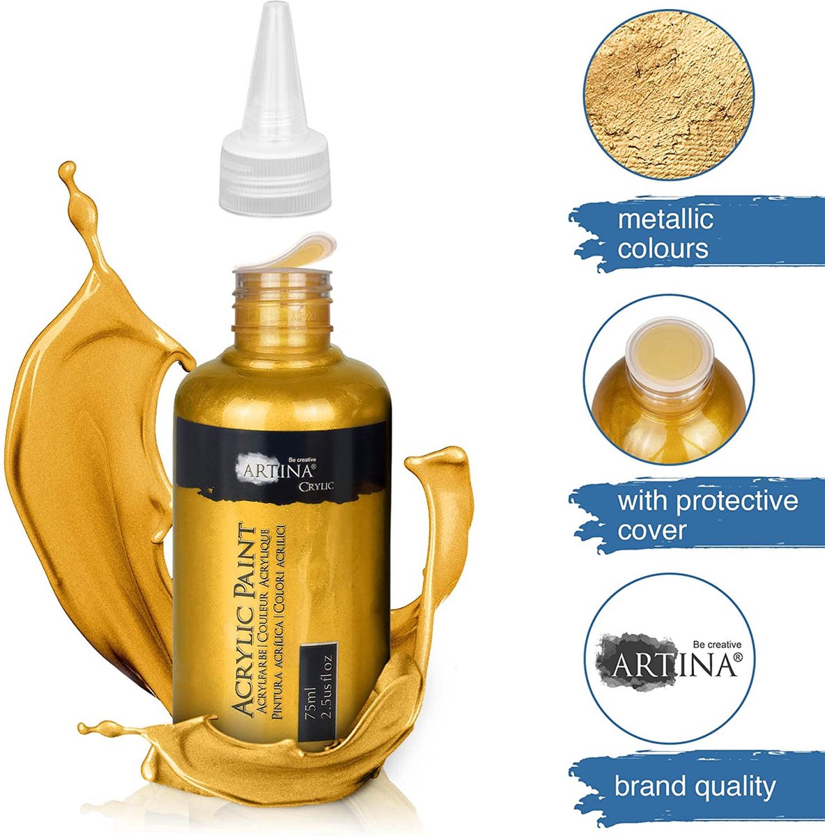 Artina Crylic - Acrylverf Set Metallic 6x75ml - Acrylverf Goud, Zilver, Brons, Koper - Lichtgevende Acrylverf voor Canvas, Klei, Papier, Beton — afbeelding 7