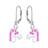 Oorbellen meisjes zilver | Eenhoorn oorbellen | Zilveren oorhangers, eenhoornhoofd met roze manen en zonnebril