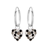 Oorbellen meisjes zilver | Zilveren oorbellen met hanger, hartje met kristallen in grijs en zwart