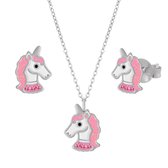 Cadeau meisje | Zilveren oorbellen | Set van zilveren ketting en oorstekers, roze eenhoorn met kristallen halsband