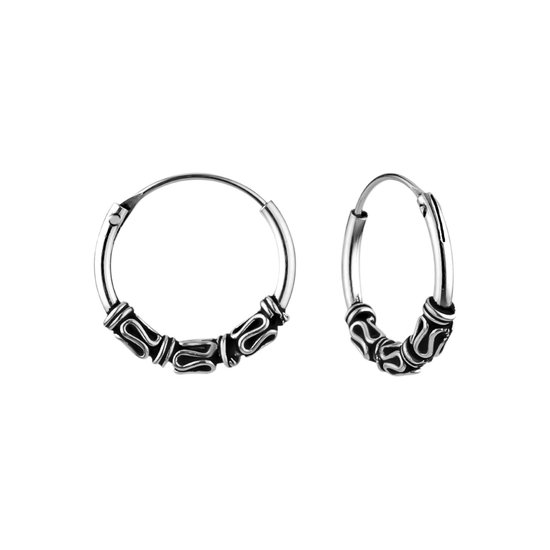 Zilveren oorbellen | Oorringen  | Zilveren Bali hoops, 14 mm met slingertjes en spiraaltjes