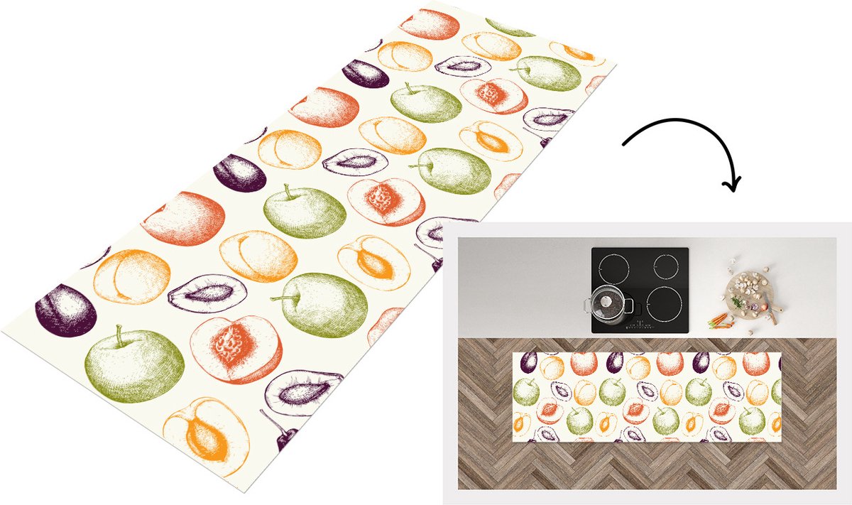 KitchenYeah Keukenloper - Loper keuken - Patroon - Eten - Illustratie - 150x50 cm - Keukenloper vinyl Multicolor