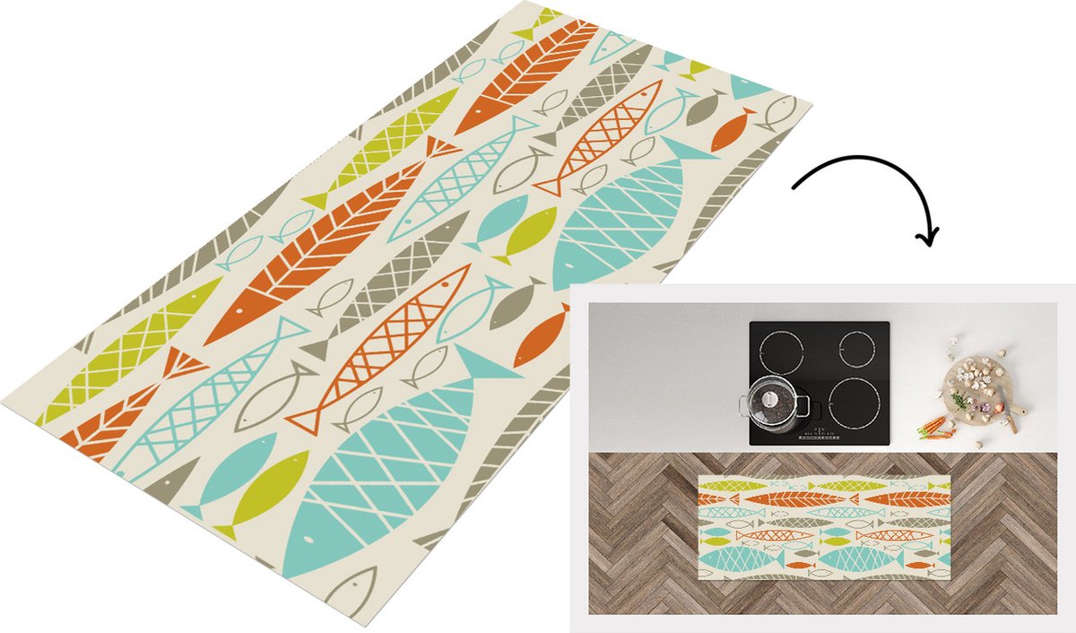 KitchenYeah Keukenloper - Loper keuken - Vis - Jaren 50 - Patroon - 120x50 cm - Keukenloper vinyl Multicolor