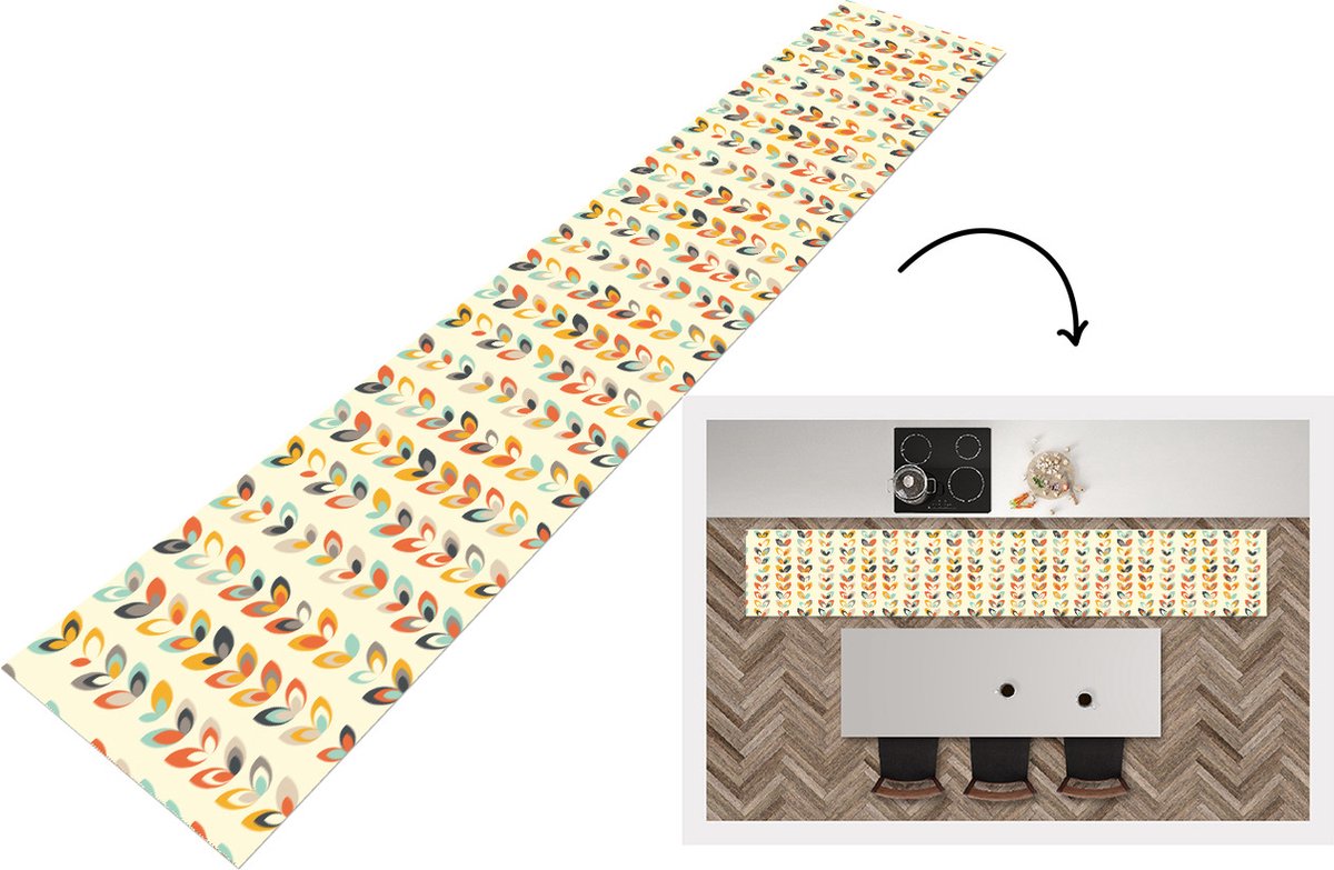 KitchenYeah Keukenloper - Loper keuken - Bladeren - Jaren 50 - Patroon - 300x50 cm - Keukenloper vinyl Multicolor