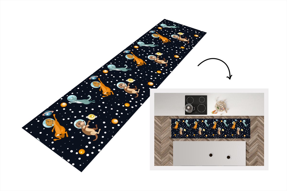 KitchenYeah Keukenloper - Loper keuken - Planeten - Hond - Patroon - 240x60 cm - Keukenloper vinyl Multicolor