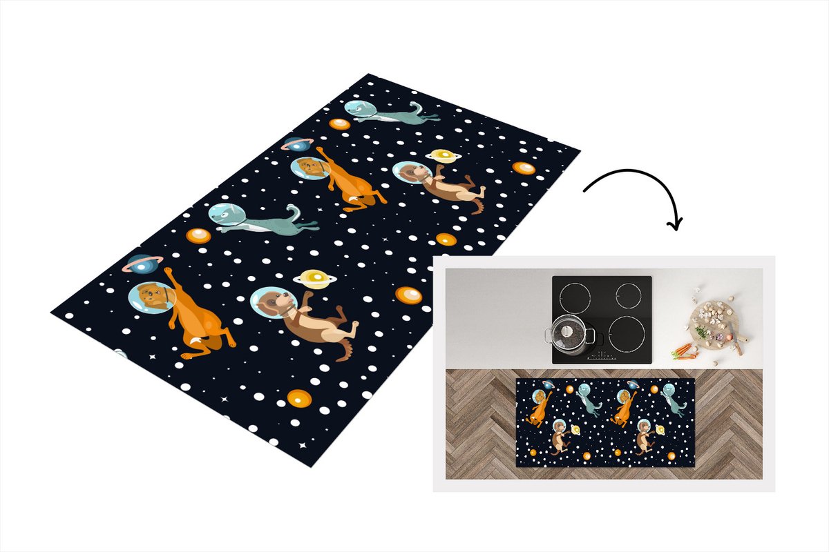 KitchenYeah Keukenloper - Loper keuken - Planeten - Hond - Patroon - 120x60 cm - Keukenloper vinyl Multicolor