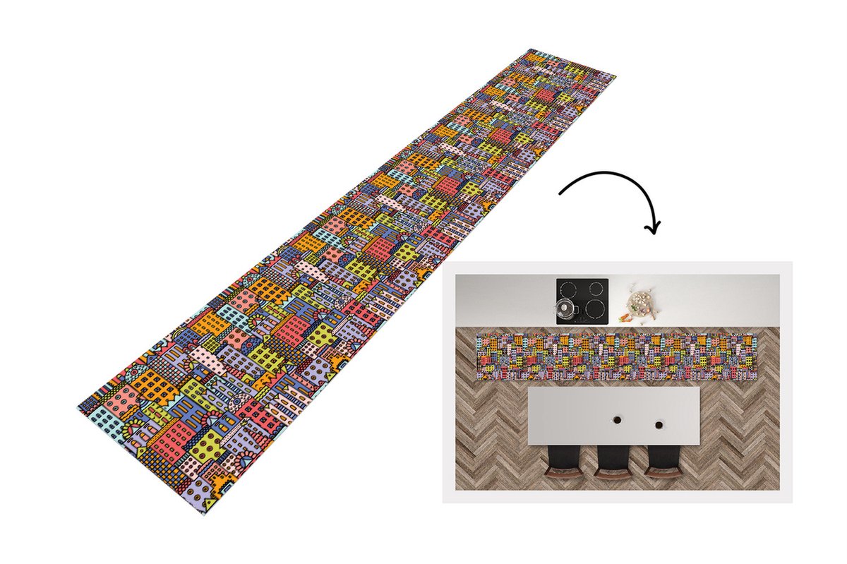 KitchenYeah Keukenloper - Loper keuken - Huis - Regenboog - Patroon - 300x50 cm - Keukenloper vinyl Multicolor