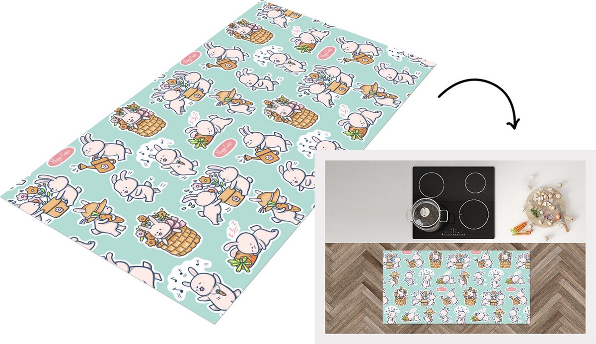 KitchenYeah Keukenloper - Loper keuken - Konijn - Tuin - Patroon - 120x60 cm - Keukenloper vinyl Multicolor