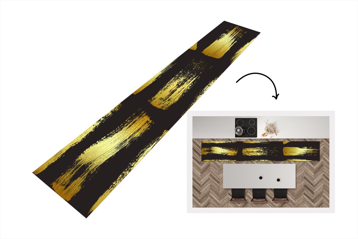 KitchenYeah Keukenloper - Loper keuken - Gouden strepen op een zwarte achtergrond - 300x50 cm - Keukenloper vinyl Multicolor